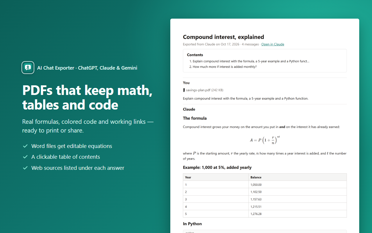A ChatGPT chat exported as a PDF with formulas, a table and code